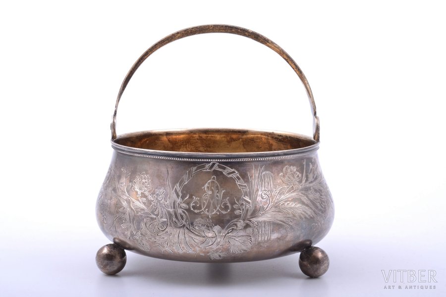 candy-bowl, silver, 84 standard, 267.85 g, engraving, gilding, Ø 13.7 cm, h (with handle) 13.4 cm, 1896-1907, Russia