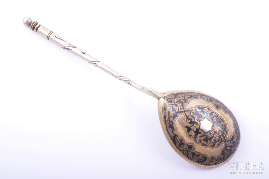 spoon, silver, 84 standard, 65.05 g, engraving, niello enamel, 19.3 cm, 1852-1862, Moscow, Russia