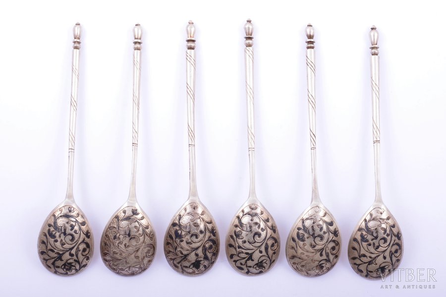 set of 6 teaspoons, silver, 84 standard, total weight of items 132.25, engraving, niello enamel, 13.5 cm, by Funtikov Maxim Evdokimovich, 1854, Moscow, Russia