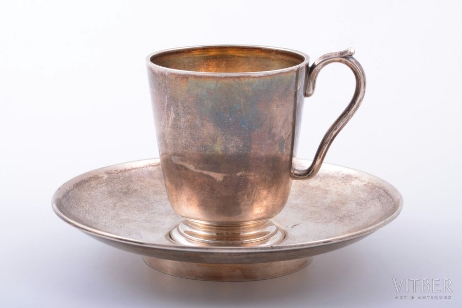 tea pair, silver, 84 standart, gilding, 1889, 190.40 g, Egorov Alexander Sergeev's workshop(?), Moscow, Russia, h (cup with handle) 6.8 cm, Ø (saucer) 12.4 cm