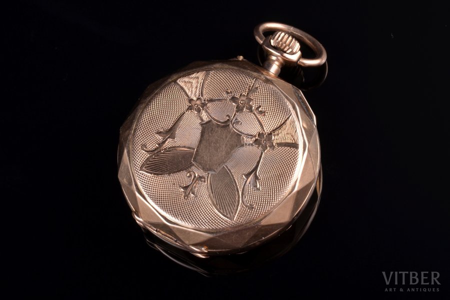 women's corsage watch, gold, 585, 14 K standart, 17.73 g, 3.5 x 2.9 cm, Ø 29 mm
