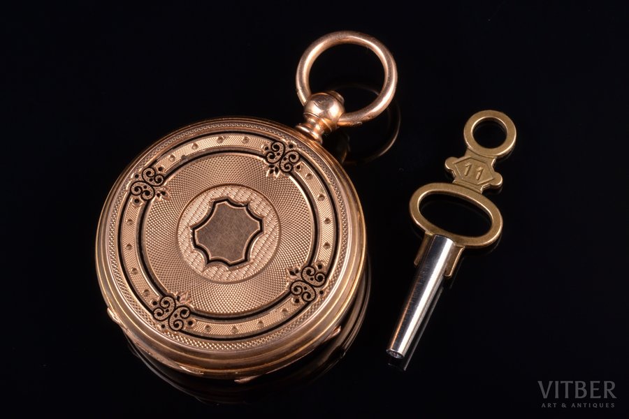 women's corsage watch, with key, France, gold, enamel, 18 K standart, 26.42 g, 3.9 x 3.2 cm, Ø 32 mm