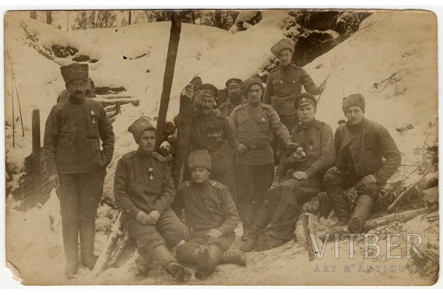 фотография, группа солдат, 4 Георгиевских креста, Латышский Стрелковый Батальон, Российская империя, 8.8 x 13.8 см