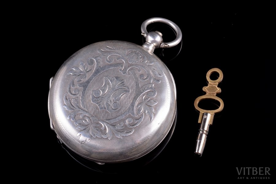 kabatas pulkstenis, "E. Asnis", Wenden, izgatavoti pēc pasūtījuma, Krievijas impērija, sudrabs, 84, 875 prove, 76.02 g, 5.75 x 4.8 cm, Ø 48 mm, ar atslēdziņu