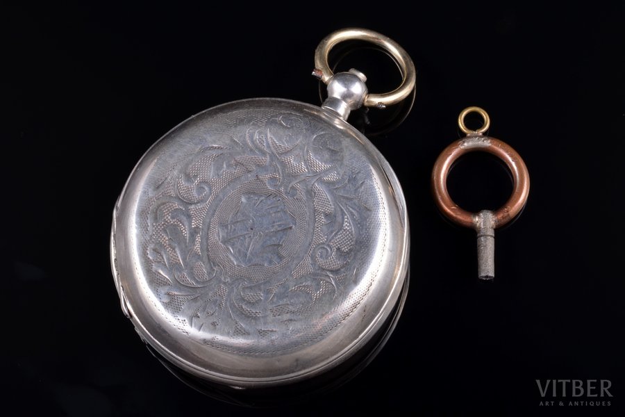 kabatas pulkstenis, "W. Hirschowitz", Jurjew (Tartu), izgatavoti pēc pasūtījuma, Krievijas impērija, sudrabs, 84, 875 prove, 82.37 g, 6 x 5.1 cm, Ø 51 mm, ar atslēdziņu