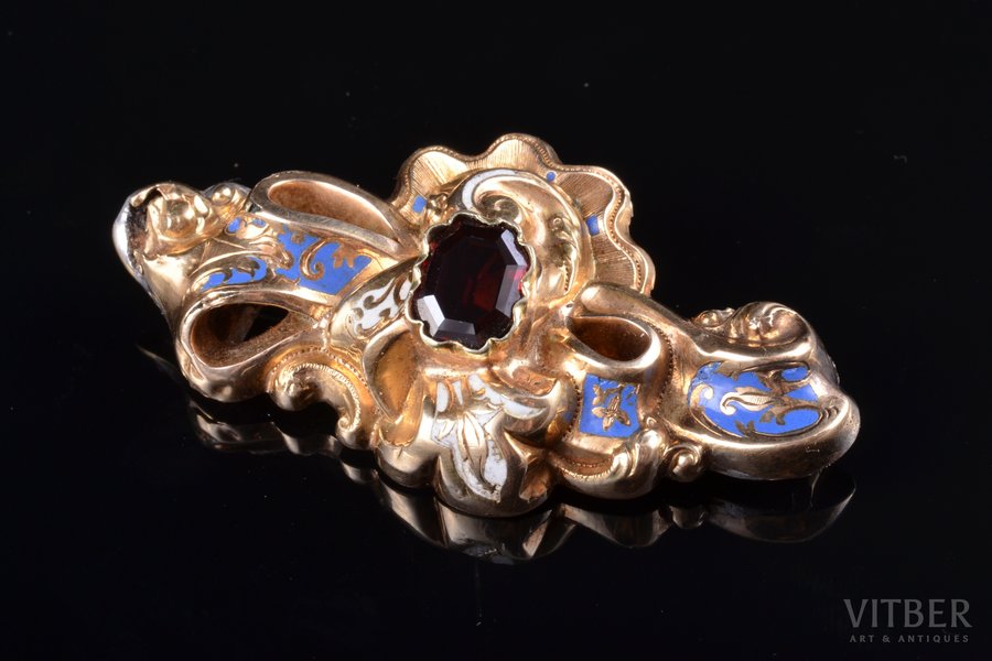 a brooch, gold, enamel, 10.97 g., the item's dimensions 5.5 x 2.8 cm, garnet, gold fineness 56.24 %; defect, traces of repair