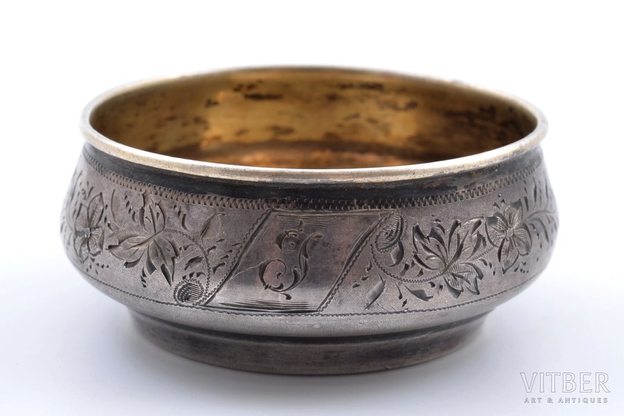 saltcellar, silver, 84 standard, 23.01 g, engraving, gilding, Ø 5 cm, George Heinrich Schmidt, 1880-1890, Riga, Latvia, Russia