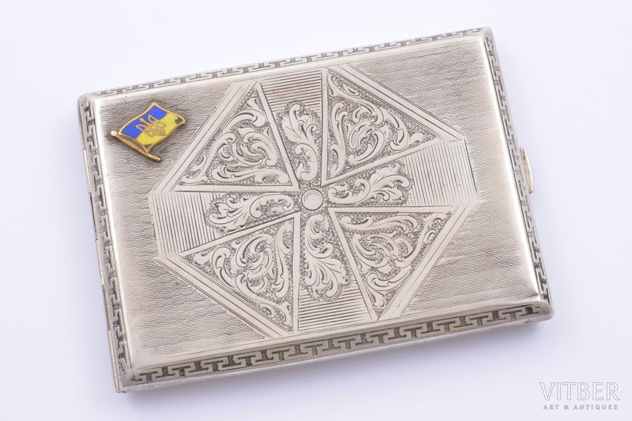 cigarette case, silver, with the image of the national Ukrainian flag and emblem, belonged to the fighter of Ukrainian War of Independence in 1920, 800 standard, enamel, engraving, 10.8 x 7.9 x 1.2 cm, the 20ties of 20th cent., Warsaw, Poland