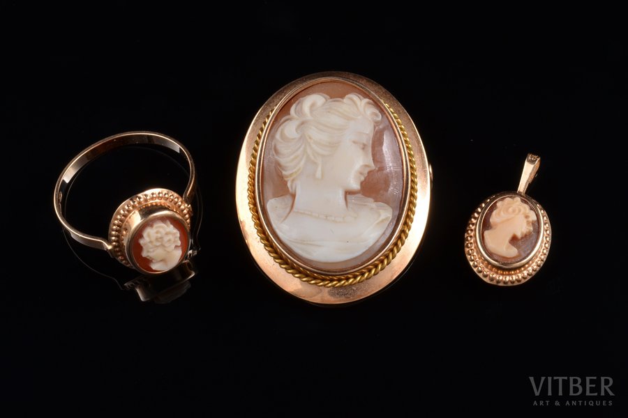 a set of a ring, a pendant and pendant-brooch, cameo, gold, 585 standart, 7.92 (6.09+1.22+0.61) g., Finland, ring size 16.5, pendant-brooch 3.05 x 2.45 cm, pendant 1.3 x 1.05 cm