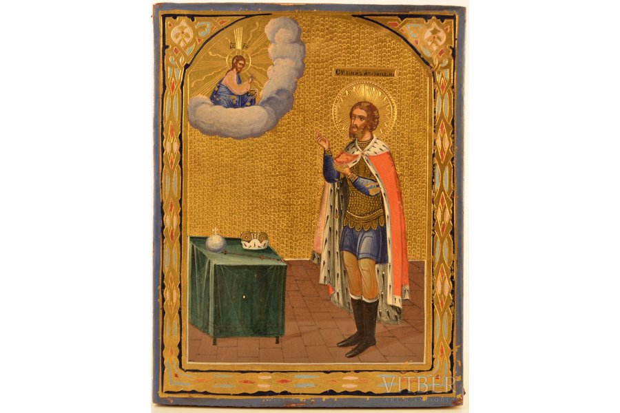 икона, Святой Благоверный князь Александр Невский, доска, живопиcь, сусальное золото, Российская империя, 22.5 x 17.5 x 1.8 см