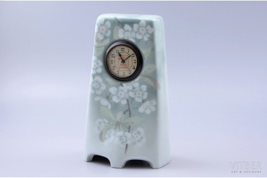 table clock, "Quadrat", Art Nouveau, Riga, Latvia, the 20ties of 20th cent., porcelain, h 23.5 cm, Ø 49 mm, the mechanism is not in working order, maintenance is required