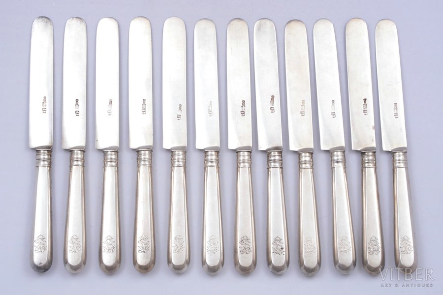 set of 12 dessert knives, silver, 84 standard, total weight of items 737.20, 19.4 cm, 1887, St. Petersburg, Russia