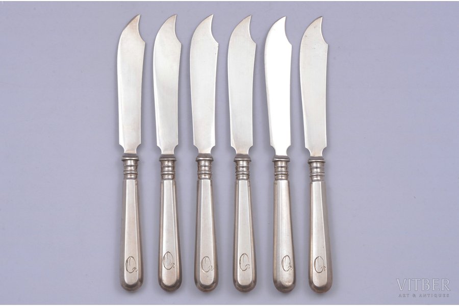 set of 6 fruit knives, silver, 84 standard, total weight of items 141.95, 15.6 cm, 1808-1917, St. Petersburg, Russia