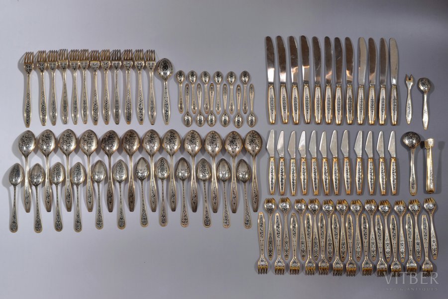 flatware set, silver, 101 item, 875 standard, 4187.95 g, niello enamel, gilding, 10.7 - 22 cm, artel "Severnaya Chern", 1983-1985, Leningrad, USSR, 12 knives - silver/metal (weight 858.60 g)
