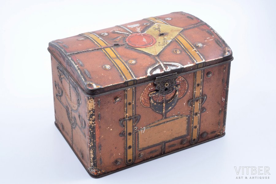 candy box, "Bon-Voyage", b. G.A. Khaimovich Joint Stock Company of Tin Products in St. Petersburg, metal, Russia, 17 x 24.4 x 17.1 cm
