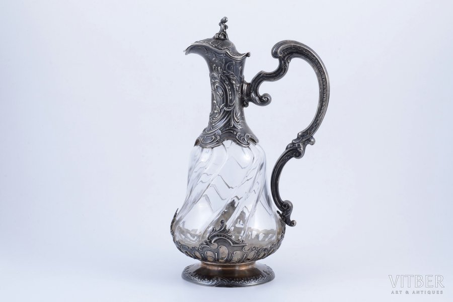 jug, silver, 950, 91 ПТ standard, gilding, glass, h 26.7 cm, France, micro chip on the glass