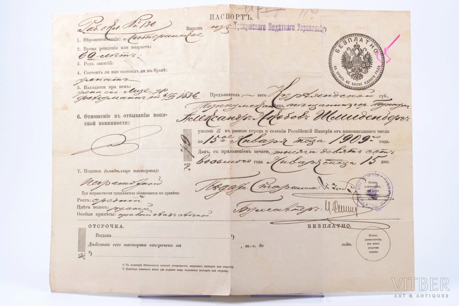 документ, паспорт, Российская империя, 1906 г., 23.2 x 30.3 см