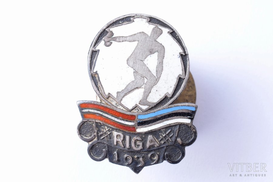 badge, Latvian-Estonian discus throwing competition, Riga, silver, 875 standard, Latvia, Estonia, 1939, 24.2 x 18.2 mm, 3.50 g