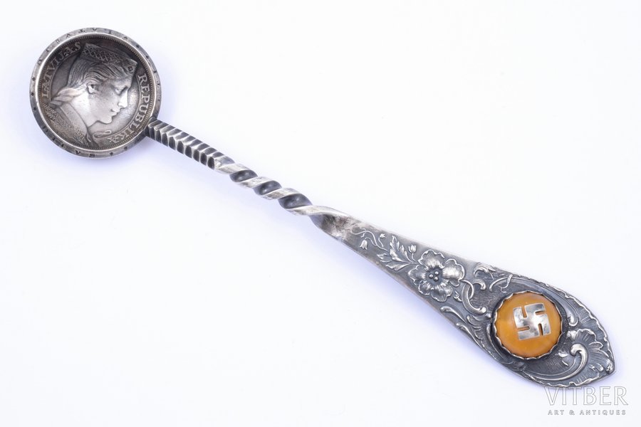 teaspoon, silver, made of 5 lats coin (1932), 875 standard, 66.25 g, amber, 16.8 cm, by Wilhelm Heinrich Glasenapp, the 20-30ties of 20th cent., Latvia