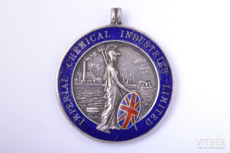 badge, Imperial Chemical Industries Limited, for 29 years service, silver, enamel, 925 standard, Great Britain, 37.3 x 32.4 mm, 17.58 g, scratches on the surface of enamel