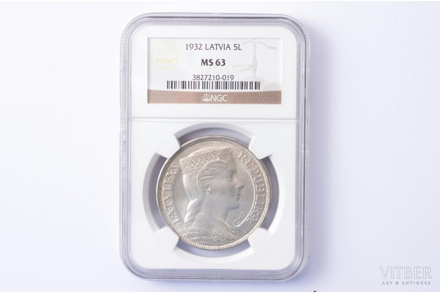 5 lats, 1932, silver, Latvia, MS 63