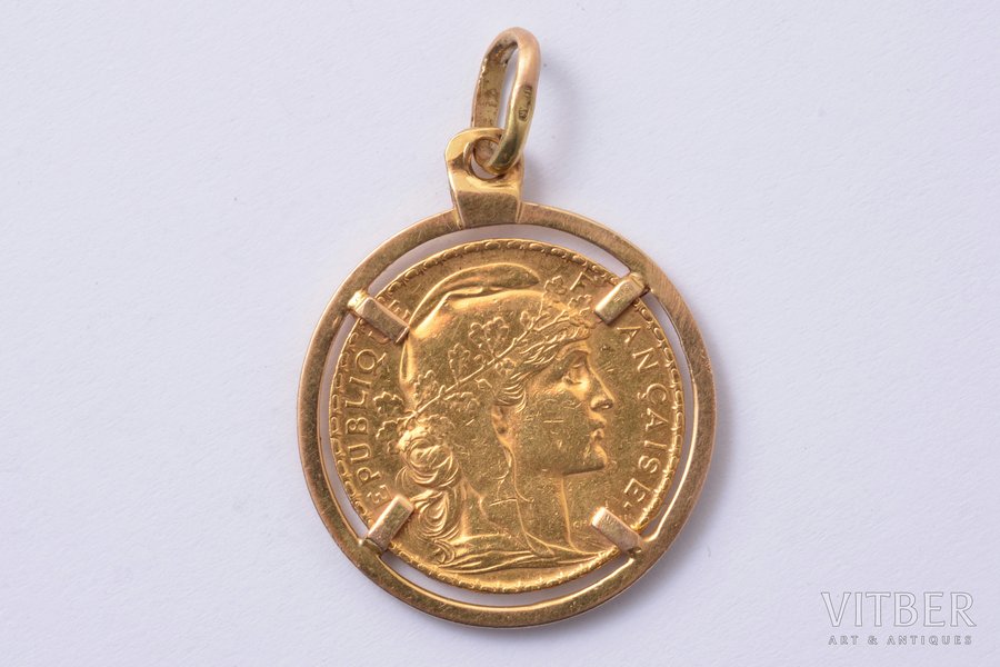 20 франков, 1904 г., монета в подвесе из золота 750 пробы, золото, Франция, 8.45 г, Ø 21 мм, размеры подвеса 29.7 x 24.8 mm