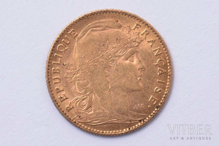 10 франков, 1907 г., золото, Франция, 3.22 г, Ø 19 мм, XF, VF
