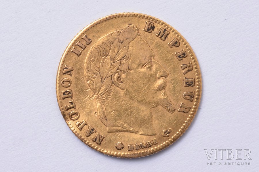 5 франков, 1868 г., A, золото, Франция, 1.60 г, Ø 16.7 мм, VF