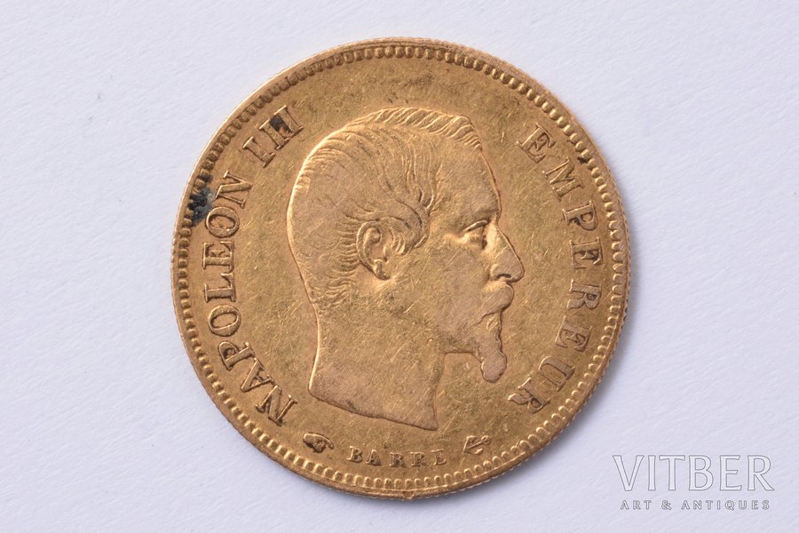 10 франков, 1855 г., A, золото, Франция, 3.20 г, Ø 19 мм, XF, VF