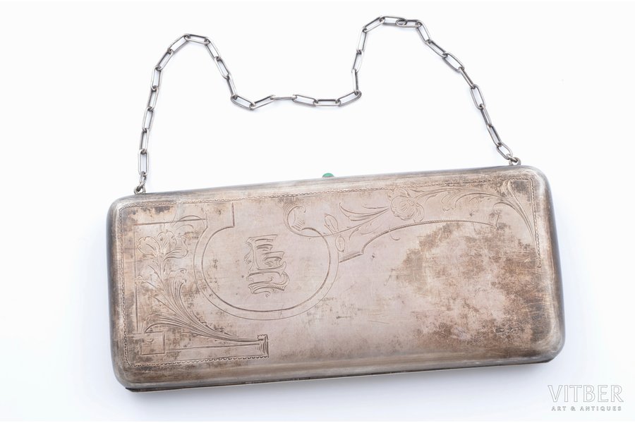 театральная сумочка, серебро, 875 проба, 422.90 г, штихельная резьба, 21.4 x 9.6 x 2.5 см, 20-30е годы 20го века, Латвия