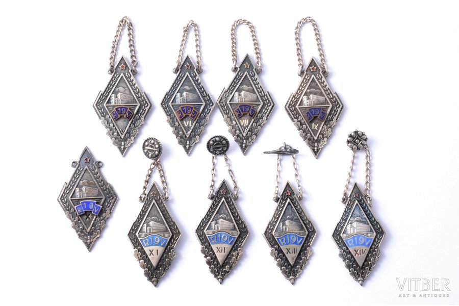 set of 9 jettons for school graduation, issued to head of educational department, silver, Latvia, USSR, 1954-1969