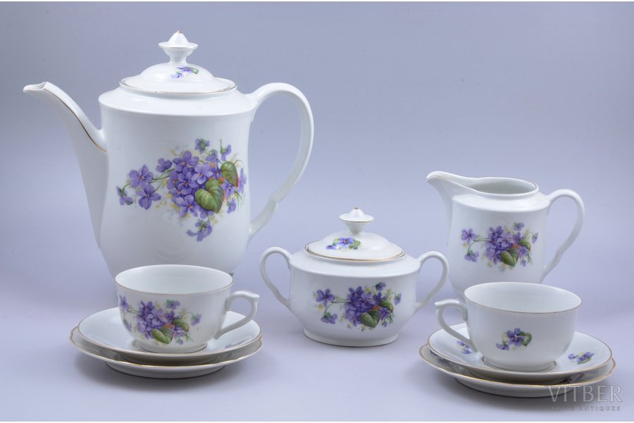 service, 9 items, porcelain, Langebraun, Estonia, the 30ties of 20th cent., h (teapot) 24 cm, h (cup) 5.1 cm, Ø (saucer) 14.2 cm