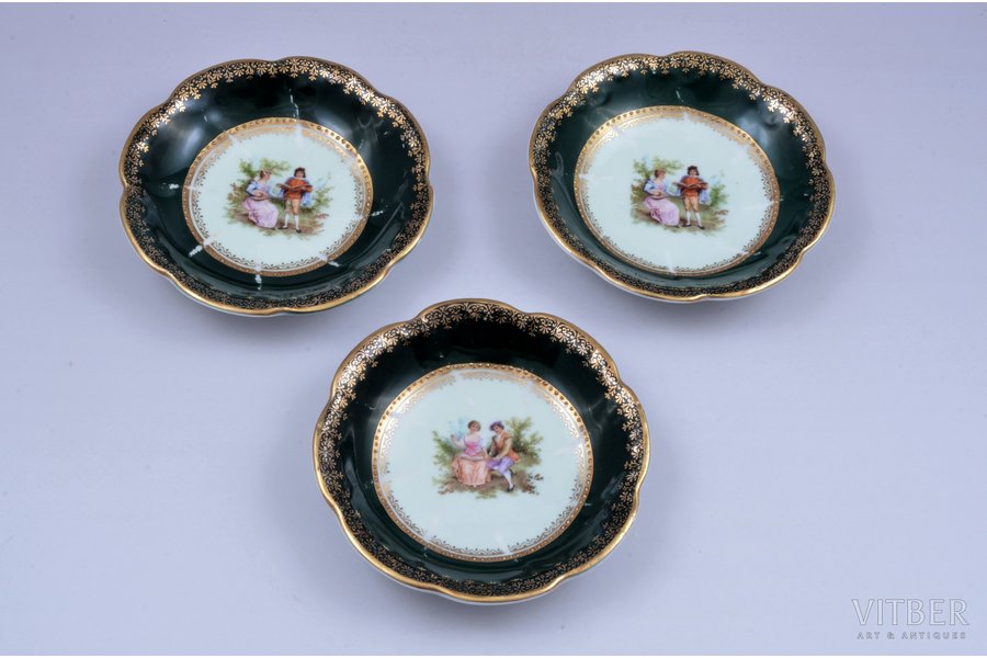 set of 3 jam dishes, decal, porcelain, M.S. Kuznetsov manufactory, Riga (Latvia), Russia, the border of the 19th and the 20th centuries, Ø 10.3 cm