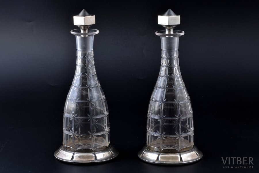 a pair of carafes, silver, 950 standard, crystal, h 21.6 cm, France