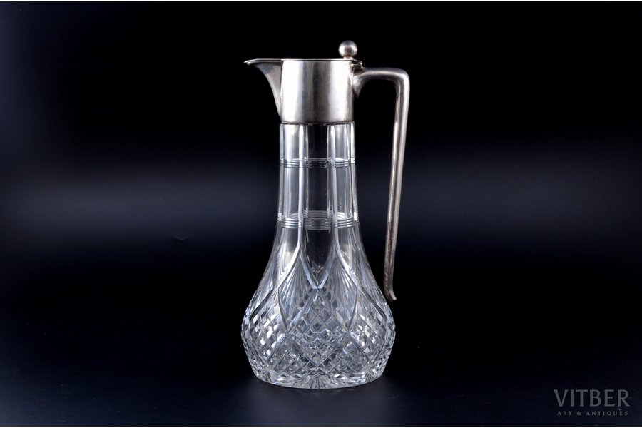 jug, silver, 84 ПТ standard, gilding, crystal, h 28 cm, 1908-1917, Germany