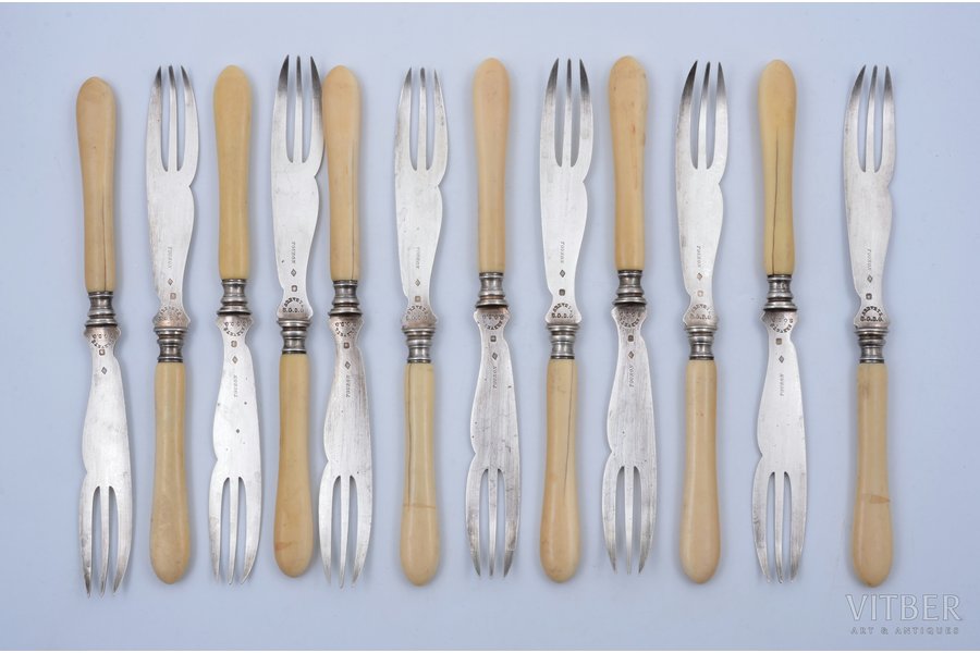 set of 12 oyster forks, silver, 950 standard, bone, 21.4 cm, France, bone handles with cracks