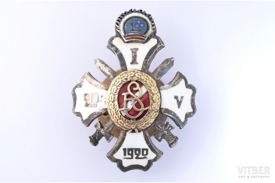 badge, 1st graduation of the Military school, Latvia, 20ies of 20th cent., 49.7 x 38.1 mm, defect on the surface of white enamel