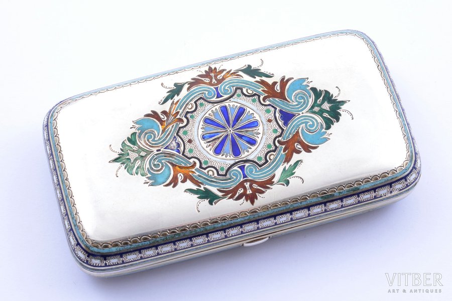 cigarette case, silver, 88 standard, 101.05 g, enamel, gilding, 9.4 x 5.2 x 2.1 cm, workshop of Theodor Nygren, 1880-1890, St. Petersburg, Russia, small enamel defects