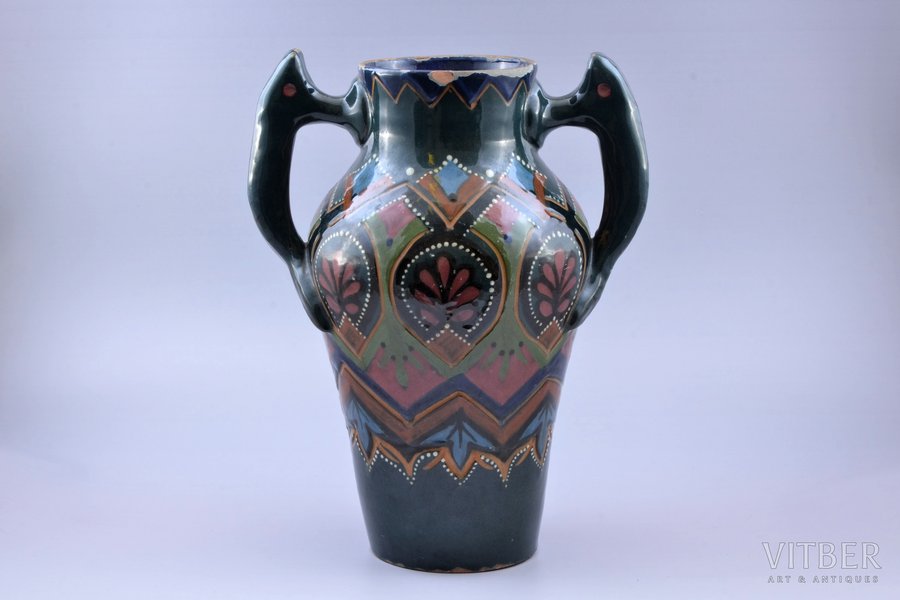 vase, ceramics, M.S. Kuznetsov manufactory(?), Riga (Latvia), the 20-30ties of 20th cent., h 32.2 cm, 2 chips at the neck of the vase, without maker's mark