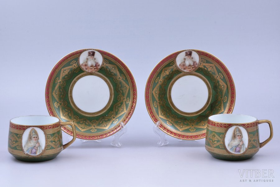 2 tējas pāri, porcelāns, Gardnera porcelāna rūpnīca, Krievijas impērija, 19. gs. 2. puse, h (tasīte) 5.7 cm, Ø  (apakštasīte) 14.1 cm, zvīņveida nošķēlums vienas tasītes malas iekšpusē