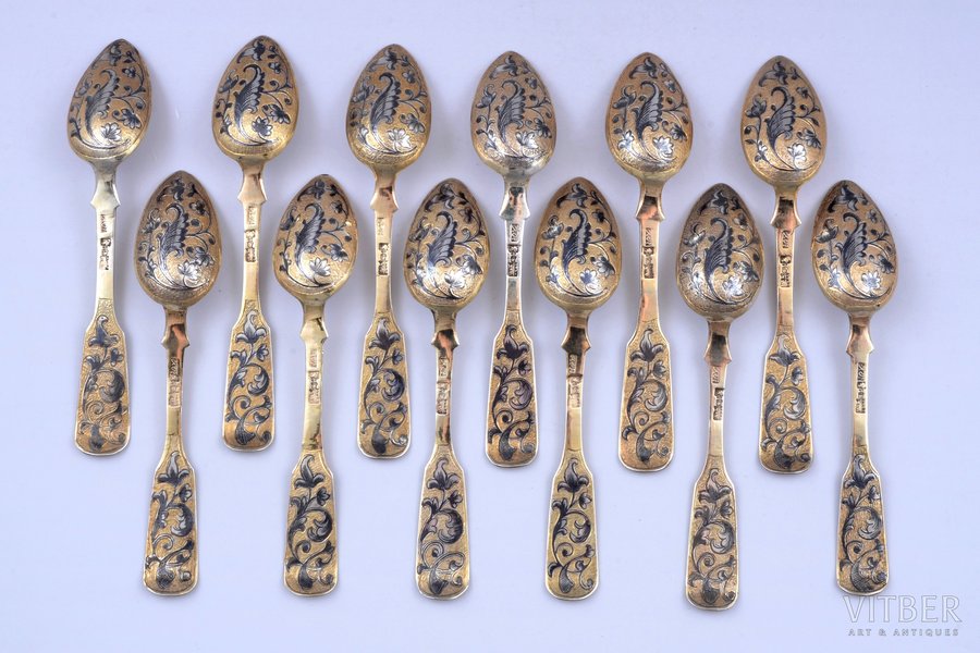set of 12 teaspoons, silver, 84 standard, total weight of items 267.15, niello enamel, gilding, 13.5 cm, 1849, Moscow, Russia