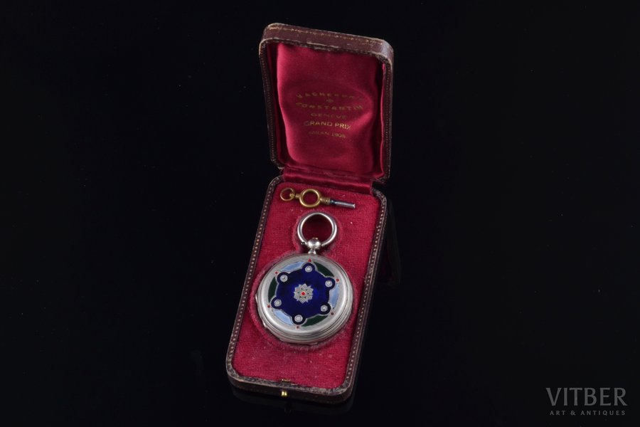 kabatas pulkstenis, "Vacheron", Šveice, sudrabs, emalja, 84 prove, 71.90 g, 5.45 x 4.55 cm, Ø 45.5 mm, NEoriģinālajā ādas futlārī (Vacheron Constantin), ar atslēdziņu