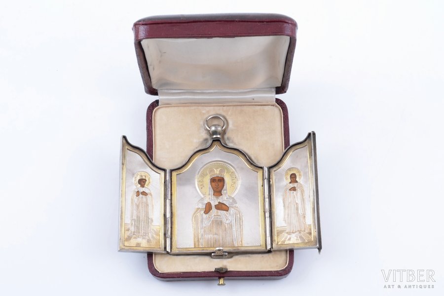 icon with foldable side flaps, Chosen saints, silver, painting, guilding, 84 standart, Russia, 1880-1890, 8.8 x 13.1 x 0.5 cm (unfolded), in a leather case