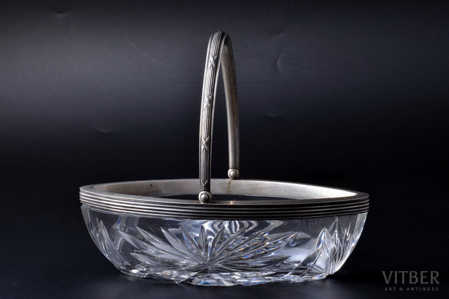 candy-bowl, silver, 84 standart, crystal, 1908-1917, "Fabergé" (?), Russia, 19.9 x 8.8 cm, h (with handle) 16.7 cm, small chips