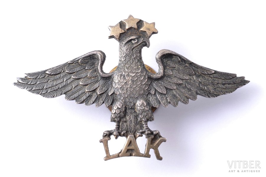 знак, LAK (Латвийский Аэроклуб), серебро, 875 проба, Латвия, 20е-30е годы 20го века, 38 x 61.8 мм, фирма "S. Bercs"