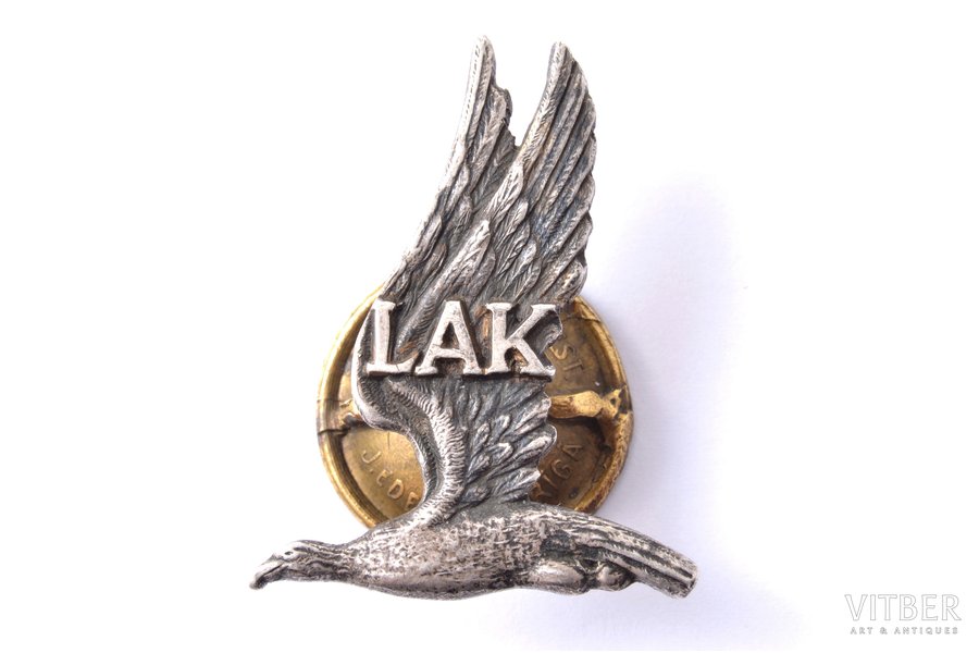 badge, LAK (The Aeroclub of Latvia), silver, 875 standard, Latvia, 20-30ies of 20th cent., 34.4 x 26.6 mm