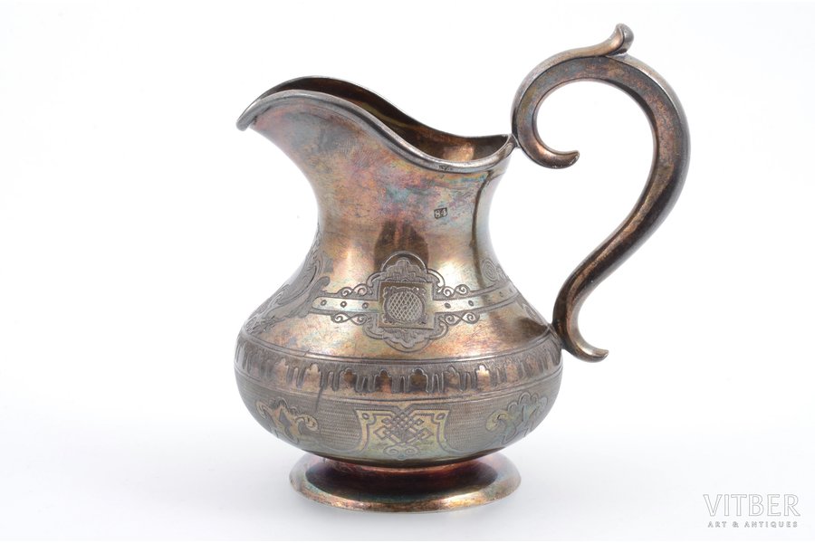 cream jug, silver, 84 standard, 189.85 g, engraving, h 11.3 cm, by Alexey Osipov, 1866, Moscow, Russia