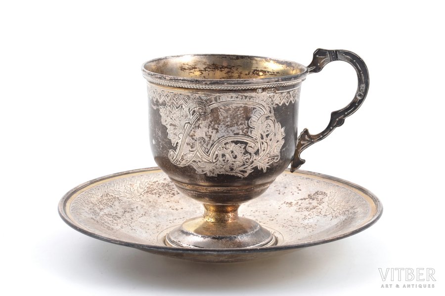 coffee pair, silver, 84 standard, total weight of items 175.55, engraving, h (cup with handle) 8 cm, Ø (saucer) 13.2 cm, Vasily Efimovich Baladanov's factory, 1894, Moscow, Russia