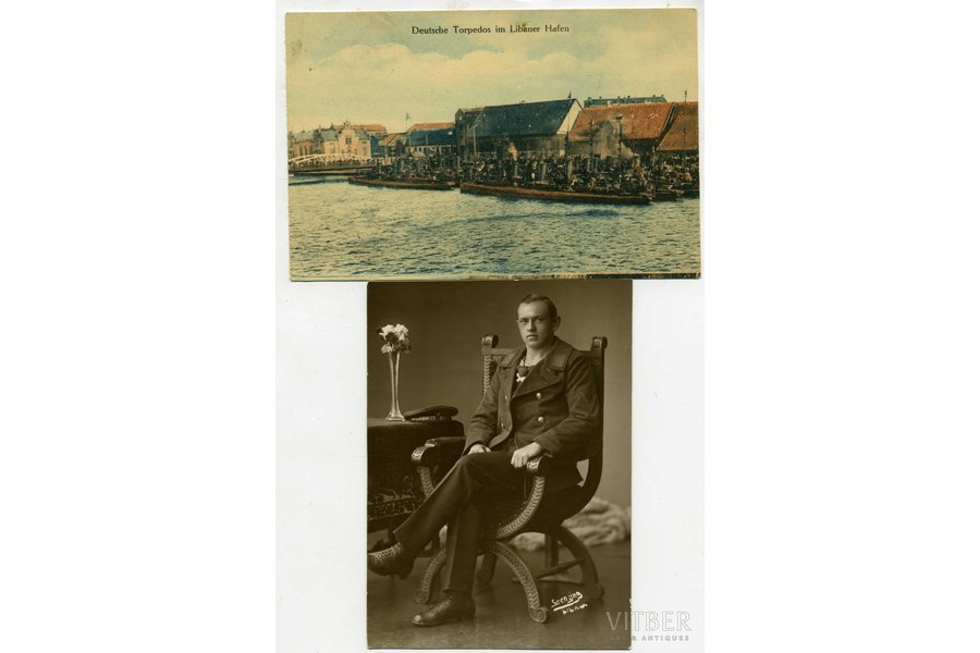 atklātne, 2 gab., Vācu torpēdlaivas Liepājas ostā Pirmā pasaules kara laikā, vācu torpēdlaivu jūrnieks, Latvija, 20. gs. sākums, 13,2x8,8, 12x8,6, cm