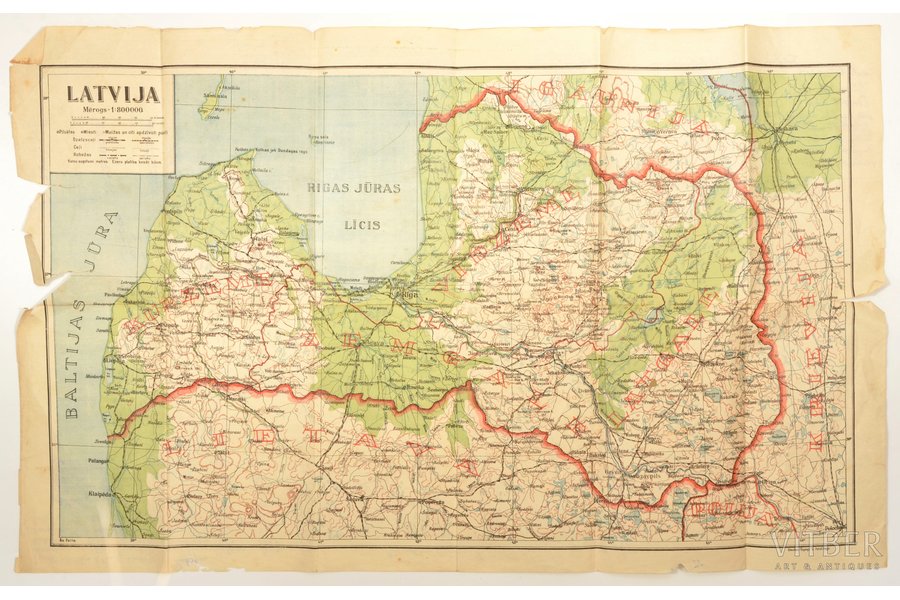 map, Latvia, 70.5 x 43.5 cm, torn on edges